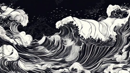 Dramatic black and white illustration of powerful ocean waves crashing, birds flying overhead. Monochromatic artwork depicting the raw energy of nature.