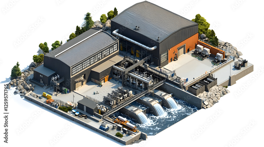 Detailed Isometric Rendering of a Hydropower Station with Dynamic Water Flow and Turbine Detailed Isometric Rendering of a Hydropower Station with Dynamic Water Flow and Turbine