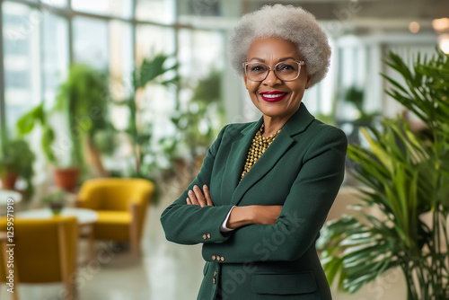 elderly Black American businesswoman with a radiant smile, wearing elegant eyeglasses and a dark green power suit, standing confidently with her arms crossed in a bright, open office space.
