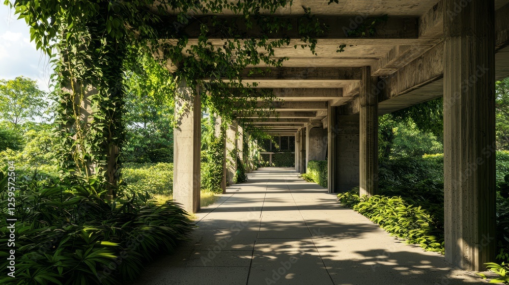 Architectural Contrast: Nature's Embrace vs. Eco-Brutalism - Cinematic Urban Design with Dappled Shadows Architectural Contrast: Nature's Embrace vs. Eco-Brutalism - Cinematic Urban Design with Dappled Shadows