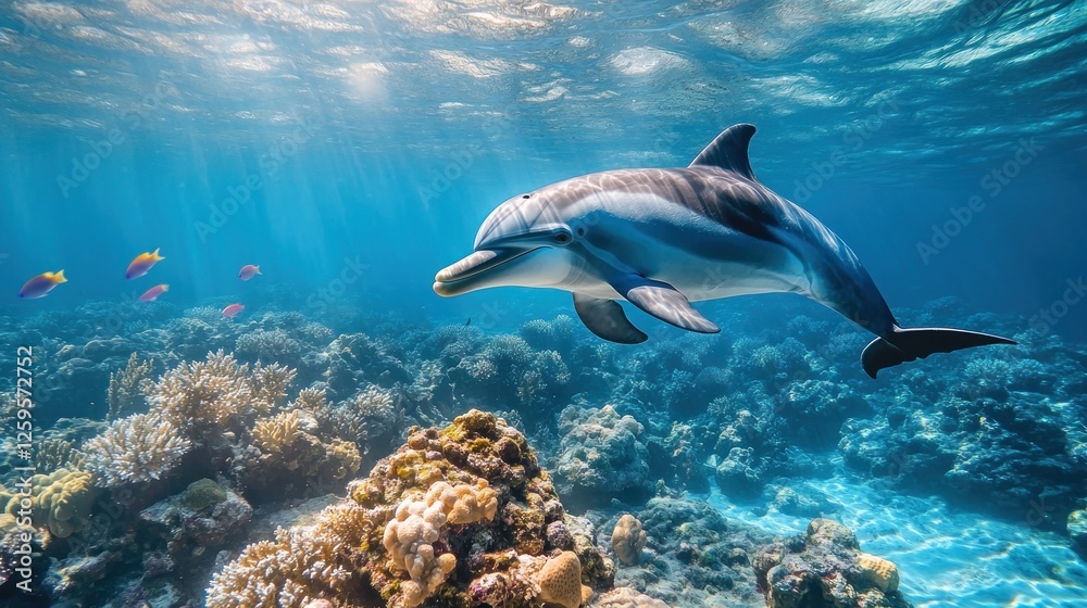 Obraz premium Dolphin swimming in coral reef, sunlight, ocean
