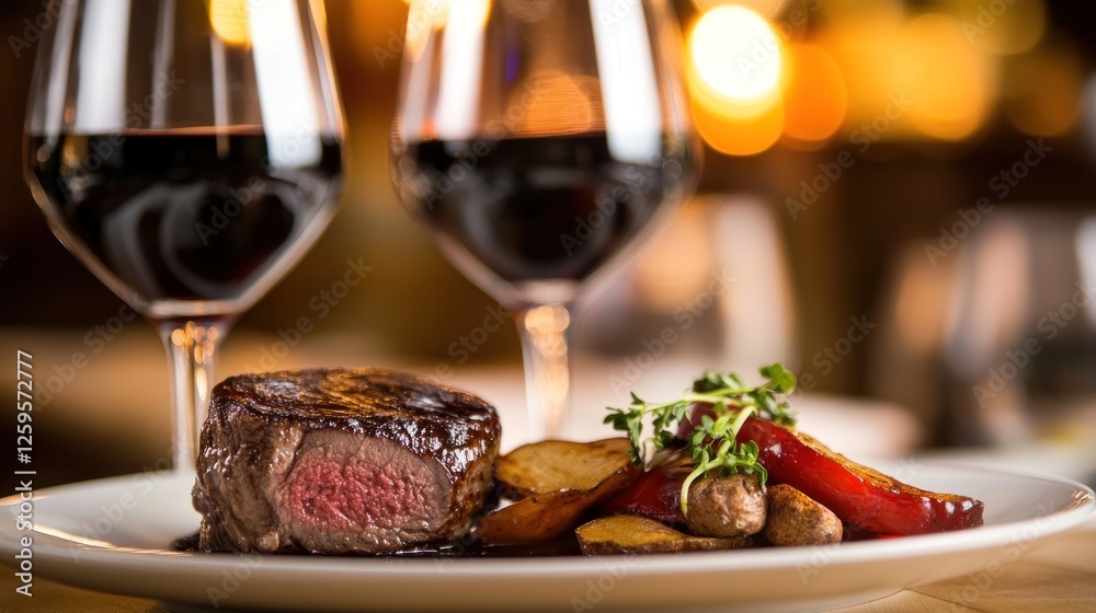 Gourmet steak dinner with red wine in a cozy restaurant Gourmet steak dinner with red wine in a cozy restaurant