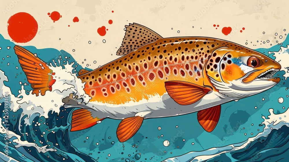 Fototapeta premium A vibrant illustration of a trout leaping through waves under a stylized sun.