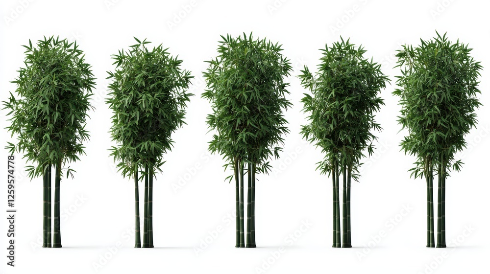Fototapeta premium A line of five lush green bamboo trees, showcasing their slender trunks and vibrant foliage against a clean background.