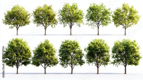 Wallpaper Mural A collection of green trees arranged in two rows, showcasing varied shapes and sizes against a white background. Torontodigital.ca