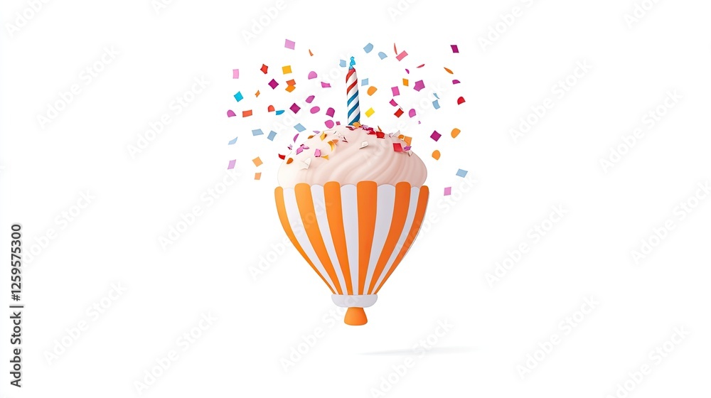 Naklejka premium Colorful hot air balloon dessert with sprinkles and a candle, celebrating a festive occasion