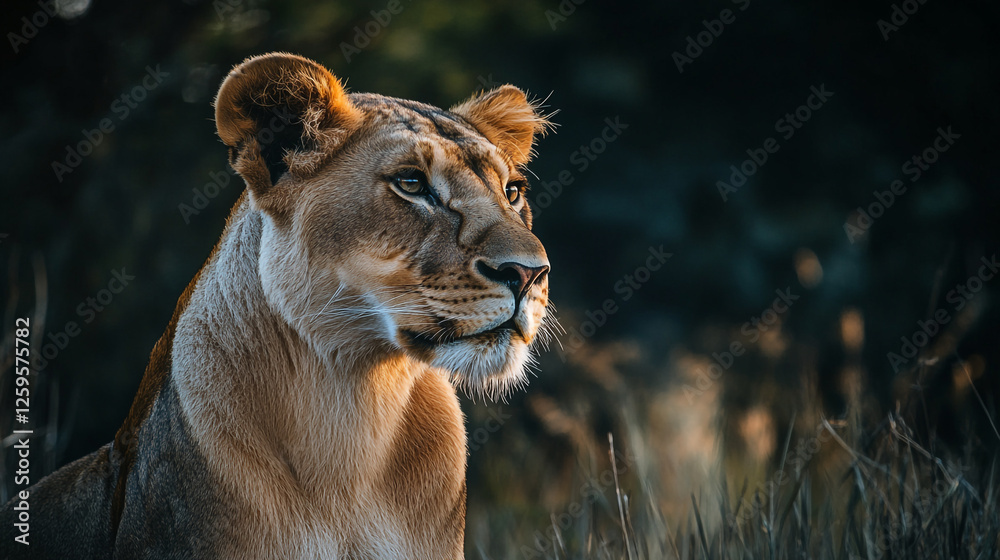 Naklejka premium Majestic African Lioness Portrait Wildlife Photography Golden Hour Nature Cat Big Cat Mane Eyes