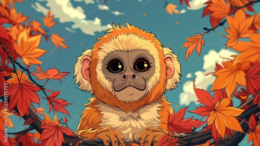 Fototapeta premium A cute, cartoonish monkey with large eyes sits among vibrant autumn leaves against a blue sky.