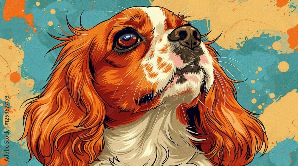 Naklejka premium A colorful illustration of a dog with expressive eyes and vibrant fur against a bright background.