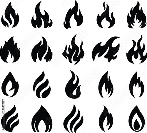 Fire icon in flat style set. Fire flame symbol isolated on transparent background. Bonfire silhouette logotype. Emergency Related Contains such Automated external Siren vector apps website