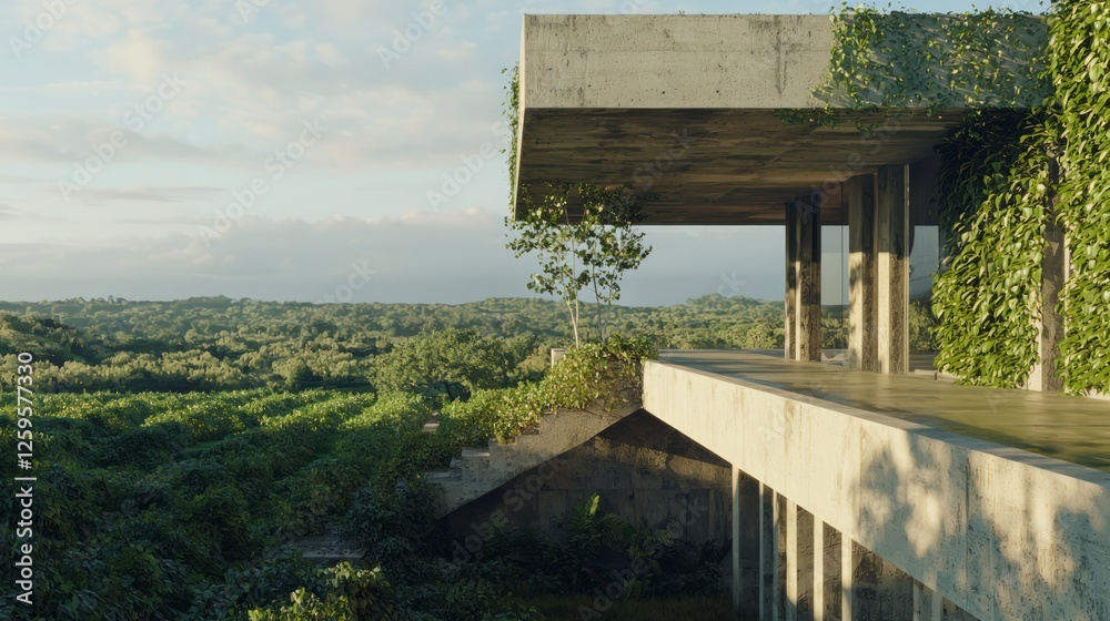 Modern Eco-Brutalism Citadel with Orchards and Sumac Vines: Detailed Architectural Design Modern Eco-Brutalism Citadel with Orchards and Sumac Vines: Detailed Architectural Design