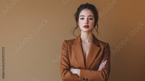Stylish White Woman in Brown 3Piece Suit on Plain Background