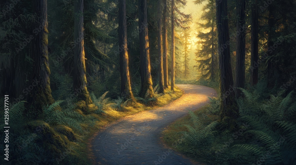 Fototapeta premium Sunlit Forest Path, Winding Road, Nature Walk, Tranquil Scene, Peaceful Background, Travel Photography