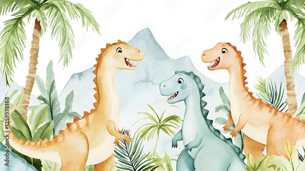 Naklejka premium Three friendly dinosaurs stand together amidst tropical plants and mountains