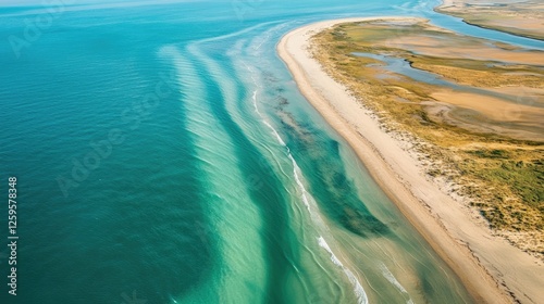 Aerial view of summer coastline with turquoise waves and soft sands