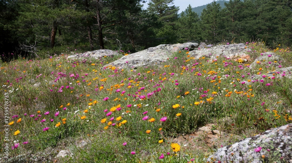 Vibrant wildflower meadow with colorful blooms surrounding large rocks in a serene natural setting Vibrant wildflower meadow with colorful blooms surrounding large rocks in a serene natural setting