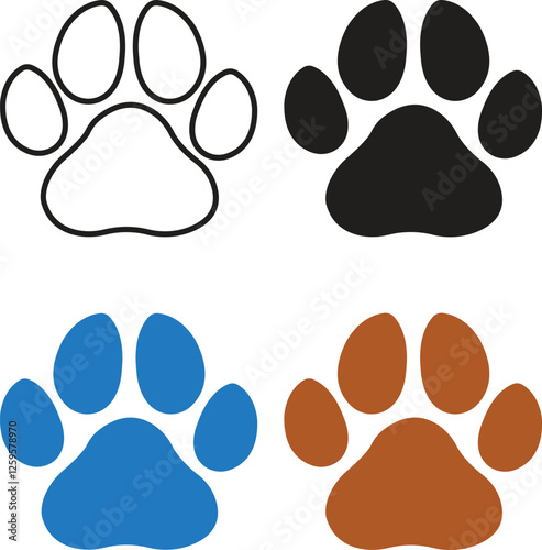 cat or dog paw print flat, icon set. for animal Paw vector foot trail of cat. Dog, puppy silhouette diagonal tracks patterns, showcases design, apps and web isolated on transparent background