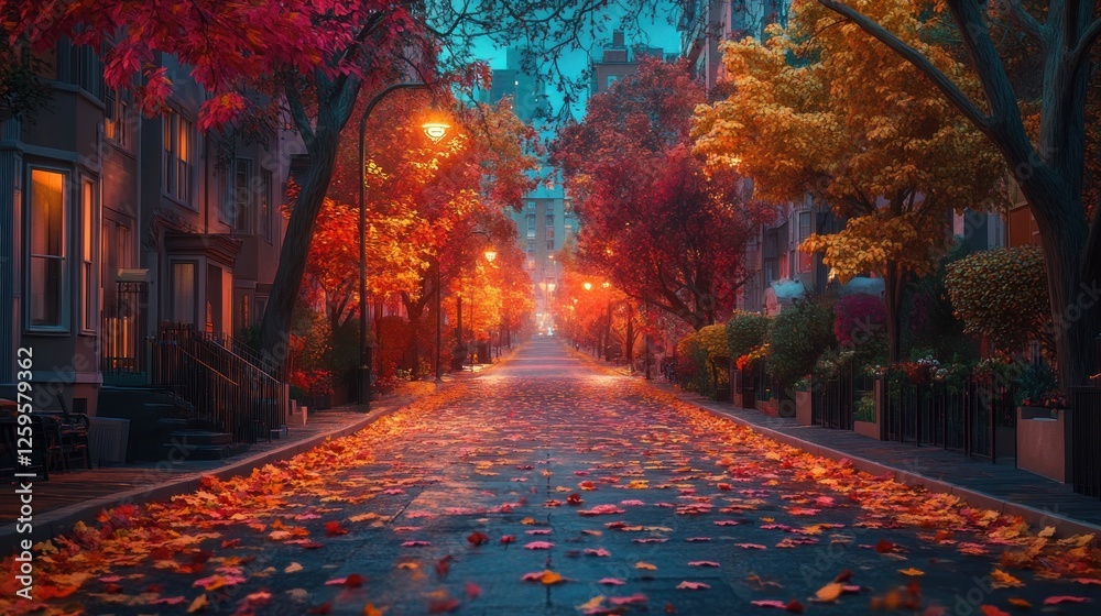 Naklejka premium Autumnal street, city, fall leaves, evening, calm