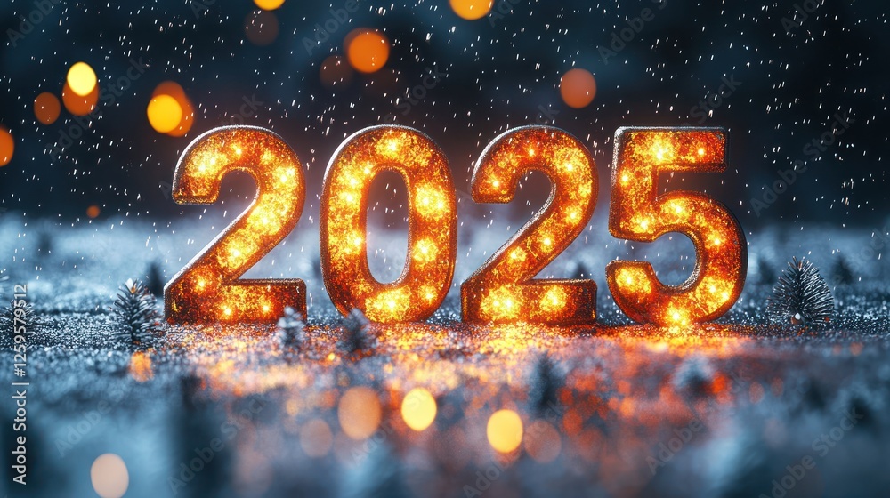 Illuminated 2025 in snowy winter scene, bokeh background, New Year's greeting Illuminated 2025 in snowy winter scene, bokeh background, New Year's greeting