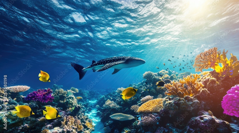 Fototapeta premium Beautiful blue ocean background with sunlight and undersea scenery