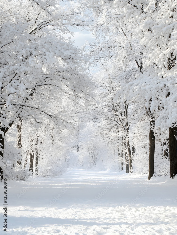 Fototapeta premium Winter Wonderland Path Through Snowy Trees on a Bright Cold Day in the Forest
