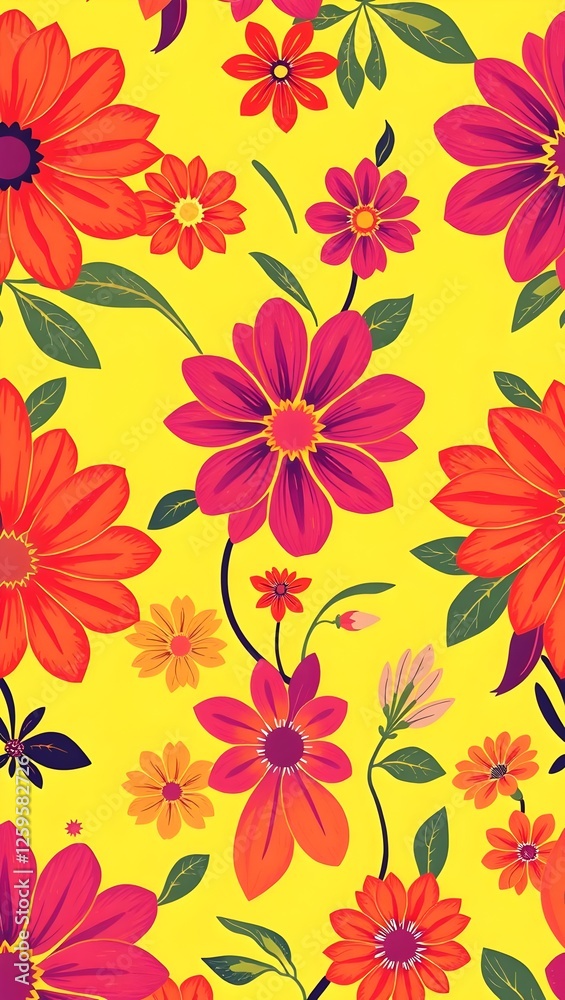 Bright floral wallpaper ideal for mobile devices with a vibrant yellow background and colorful flowers Bright floral wallpaper ideal for mobile devices with a vibrant yellow background and colorful flowers