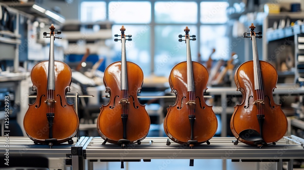 Fototapeta premium Four cellos on a shelf in a workshop.
