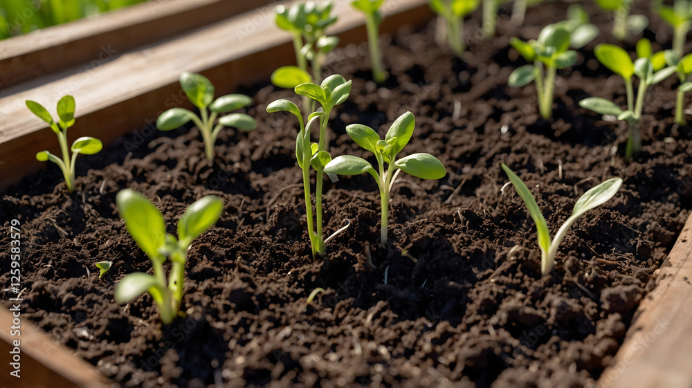 Young seedlings sprouting in garden soil under sunlight. Young seedlings sprouting in garden soil under sunlight.