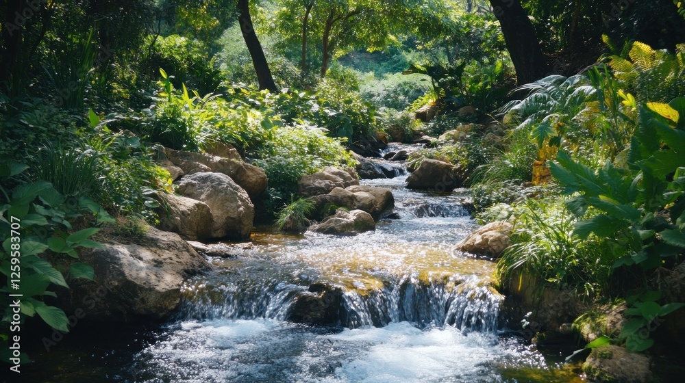 Fototapeta premium Serene stream flows through lush garden