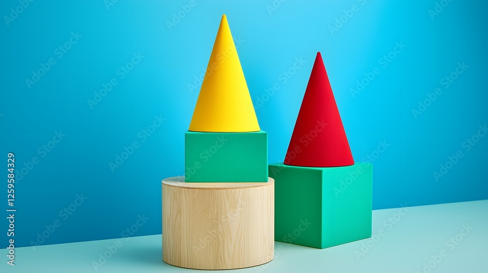 Colorful geometric shapes in playful arrangement on blue background Colorful geometric shapes in playful arrangement on blue background