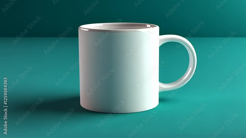 A plain white coffee mug on a teal background.