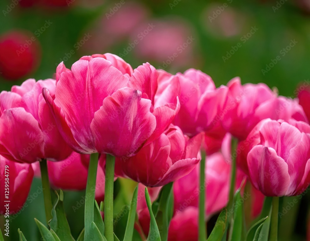 Fototapeta premium Close-up view of a cluster of vibrant pink tulips in full bloom. The petals show delicate variations in color, creating a visually appealing texture.&nbsp;