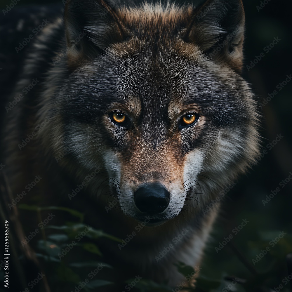 Intense Wolf Portrait in Dark Forest Setting Intense Wolf Portrait in Dark Forest Setting