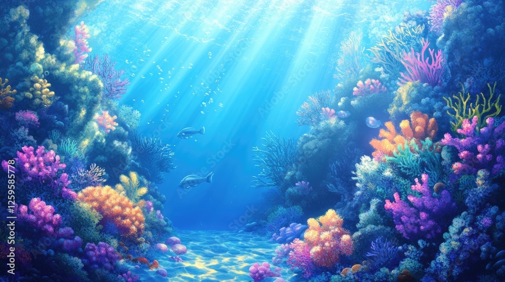 Fototapeta premium Bright blue ocean background with sunlight and an undersea scene