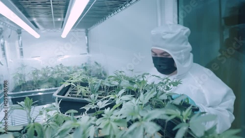 Weed grower in white protective suit wear facemask looking at sprouting cannabis baby plant ready to move to next growing stage, biotechnology work research, indoor laboratory shot, genetic engineer