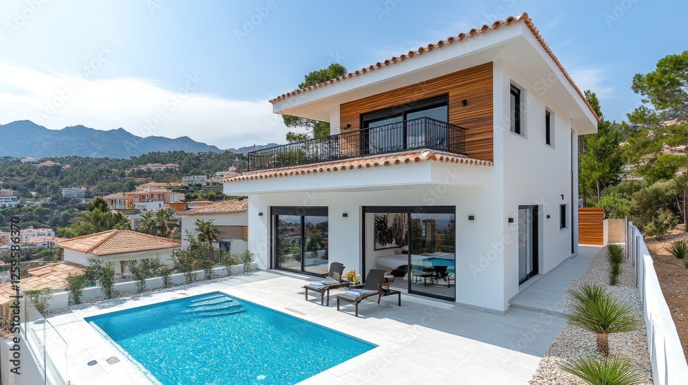 Fototapeta premium Modern villa, pool, mountain view, sunny day, real estate