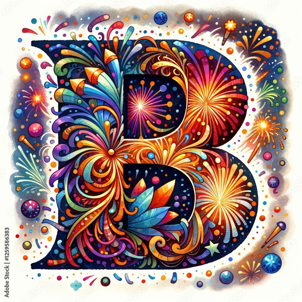 Fireworks and Flourishes: A vibrant and festive letter B is adorned with fireworks, swirling foliage, and sparkling elements. Fireworks and Flourishes: A vibrant and festive letter B is adorned with fireworks, swirling foliage, and sparkling elements.