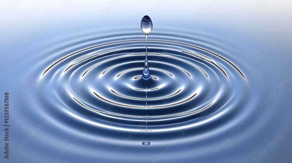 Water Droplet Creating Ripples in Calm Blue Water Surface Water Droplet Creating Ripples in Calm Blue Water Surface