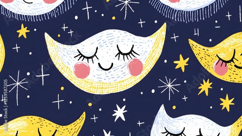 Whimsical Moon Faces with Stars on Navy Blue Background Pattern photo