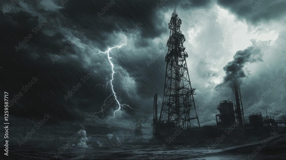 Atmospheric storm scene with communications mast, powerful lightning strike, dense rain curtain, threatening clouds, industrial landscape, dramatic weather photography, grayscale tones, powerful Atmospheric storm scene with communications mast, powerful lightning strike, dense rain curtain, threatening clouds, industrial landscape, dramatic weather photography, grayscale tones, powerful