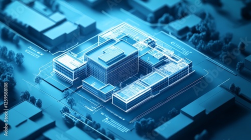 Digital hospital blueprint with business analytics overlayed, investment in medical infrastructure in realistic picture.