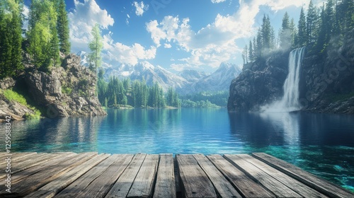 Mountain lake scenic view with waterfall and wooden dock; perfect for travel brochures