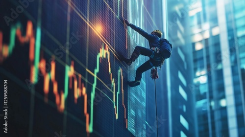 Dramatic shot of a climber hanging from the edge of a stock market graph, dangerous yet rewarding business ventures in realistic picture.