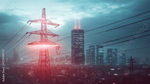 Electric power lines forming a corporate skyscraper shape, industrial energy supply concept in realistic picture.. photo