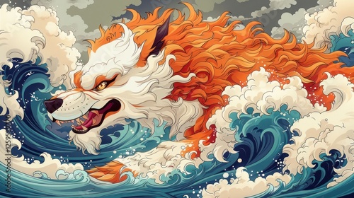 A stylized orange wolf emerging from turbulent waves, showcasing dynamic movement and energy. photo