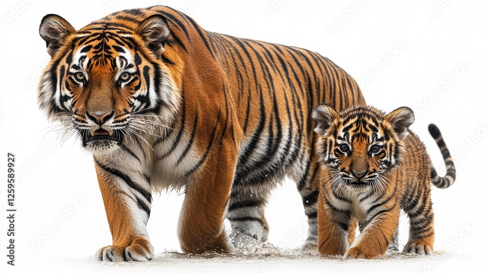 Obraz premium A majestic tiger and its playful cub walking together in a snowy landscape, showcasing their bond
