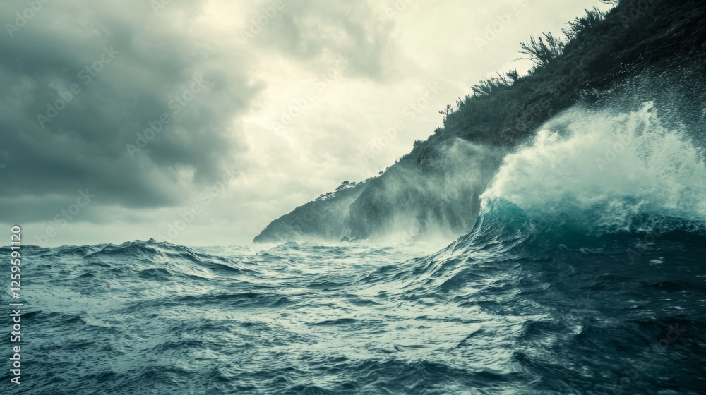 Dramatic Ocean Waves Crashing Against Rocky Coastline Beneath Overcast Sky Evokes Serene Yet Powerful Natural Landscape Dramatic Ocean Waves Crashing Against Rocky Coastline Beneath Overcast Sky Evokes Serene Yet Powerful Natural Landscape
