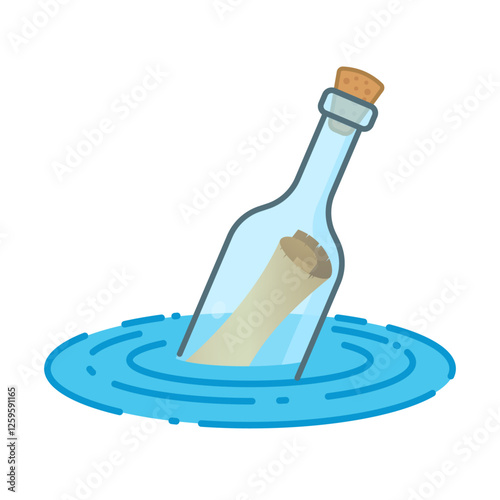 bottle with paper scroll floating in the water vector illustration wooden cork Flat design style Logo Icon Clipart