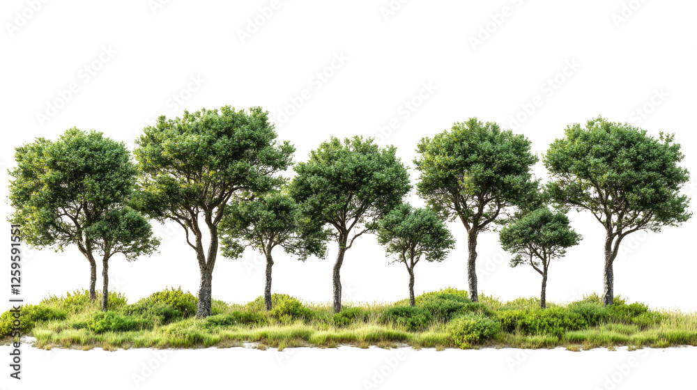 Fototapeta premium Row of Green Trees: A picturesque row of seven verdant trees stands tall against a bright sky, their lush foliage creating a natural archway.