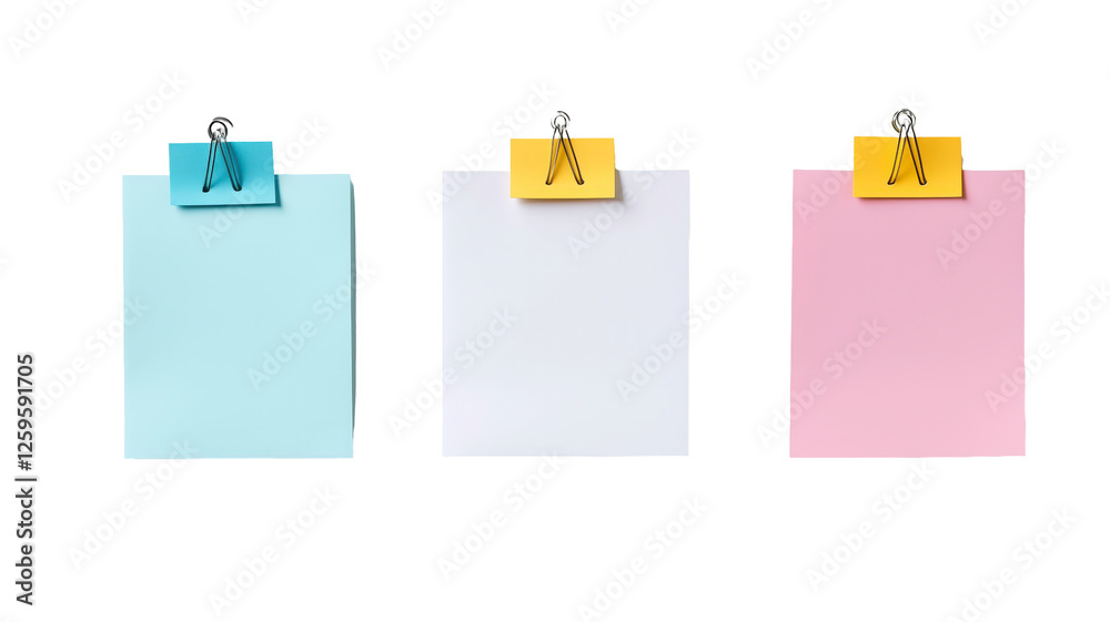 Pastel Notepads with Clips: Three pastel-colored notepads — light blue, white, and light pink — are neatly arranged, each secured by a small yellow binder clip. Pastel Notepads with Clips: Three pastel-colored notepads — light blue, white, and light pink — are neatly arranged, each secured by a small yellow binder clip.